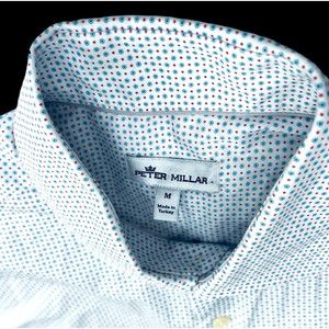 Peter Millar White Blue Dots Button Up Shirt Medium Long Sleeve Cotton Collared